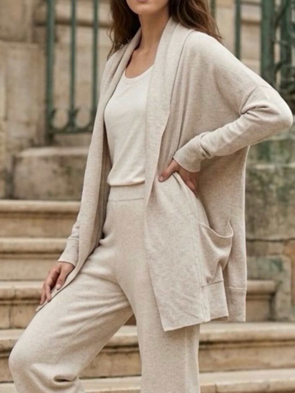 Pact Women's Airplane Open-Front Cardigan Sweater Light Beige Cozy Lounge M/L